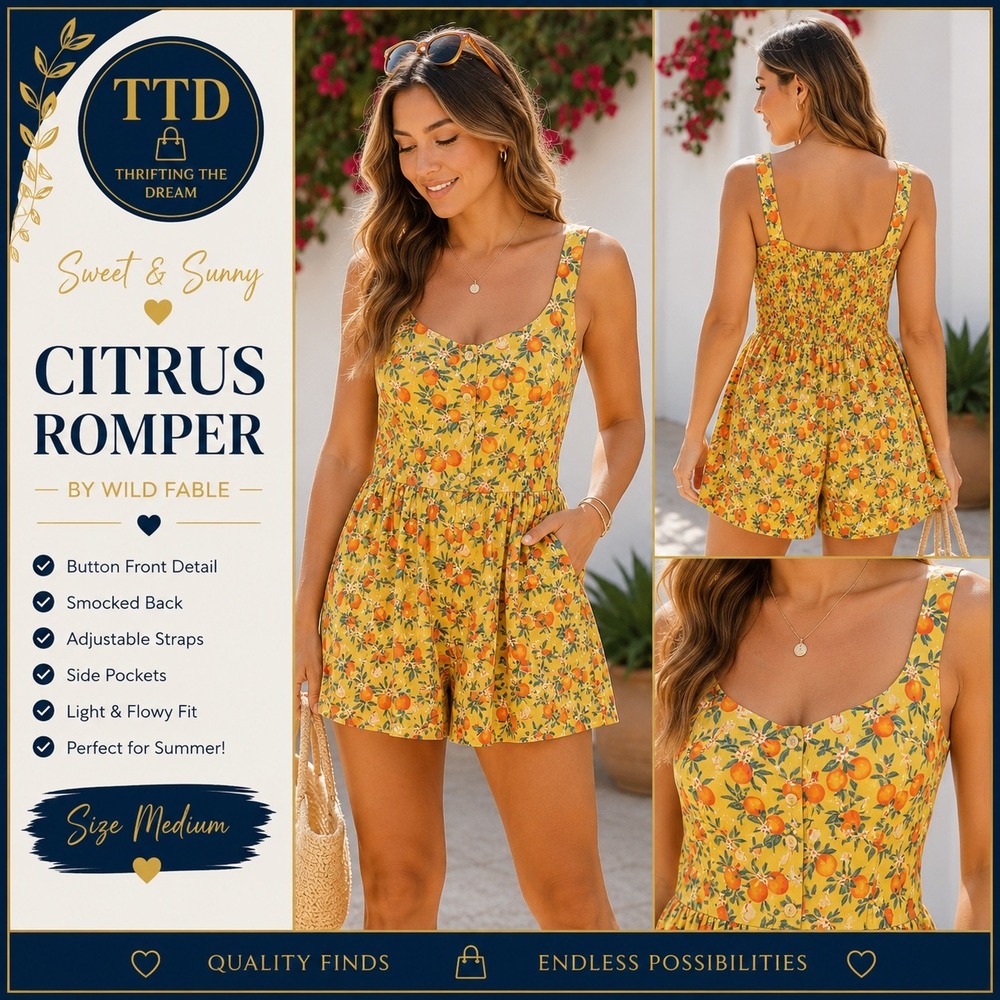 Wild Fable Yellow Orange Citrus Print Romper Sleeveless Smocked Back Womens M